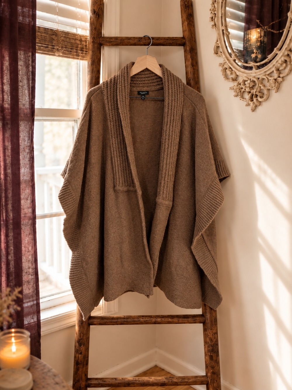 Knit Shawl Collar Open Front Cardigan Poncho